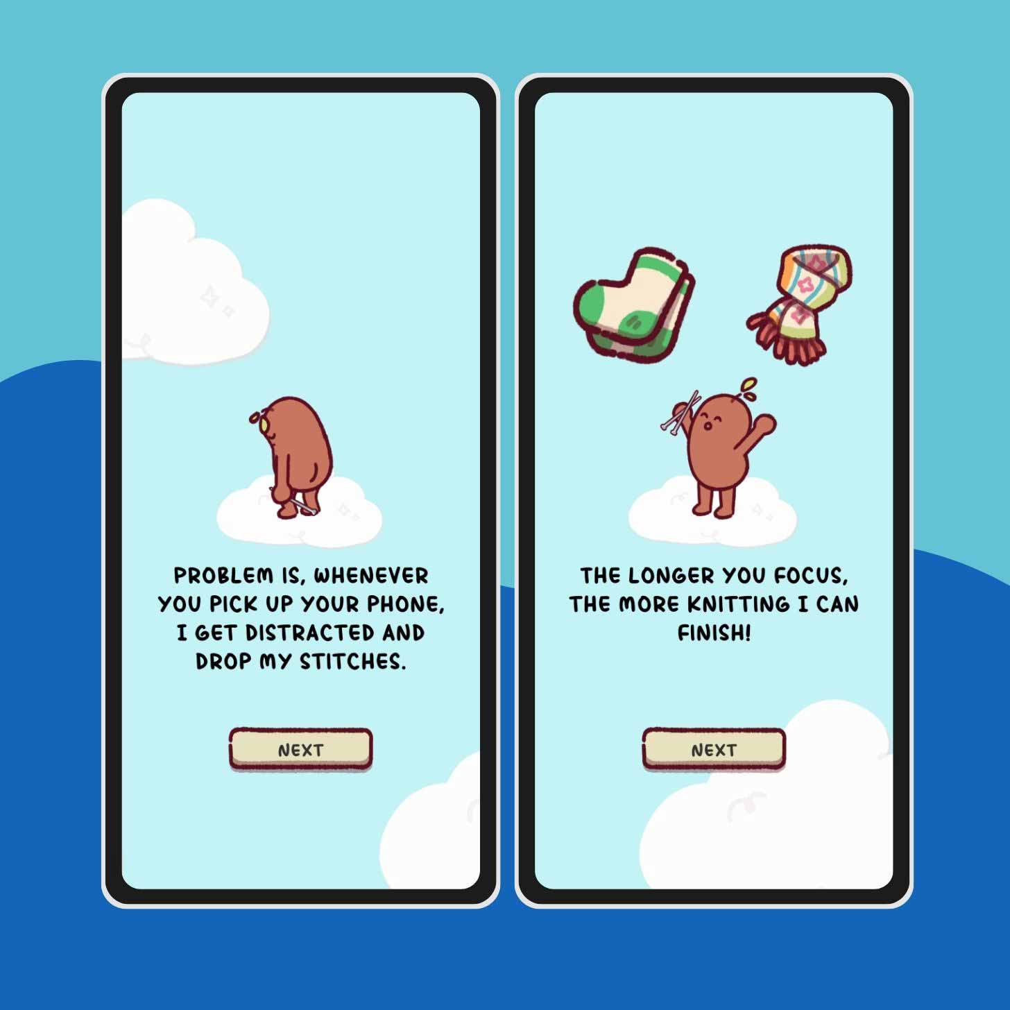 Two side-by-side screenshots of the "Focus Friend" app, where a bean knits socks and scarves