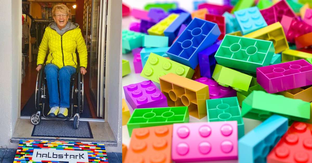 On the left, an elderly woman smiles as she uses a wheelchair to descend a Lego ramp. On the right, a colorful mix of Lego bricks up close.