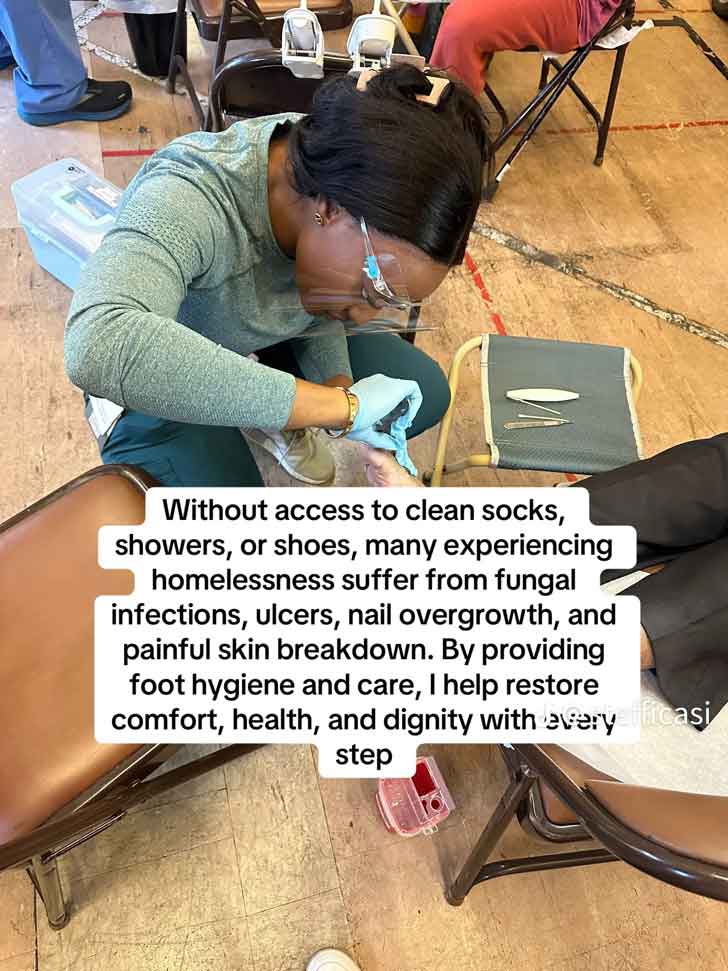 A screenshot of a woman working on someone's toes in a pedicure chair.