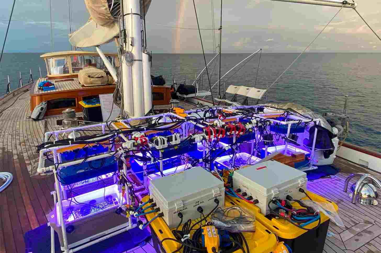 The Coral Bleaching Automated Stress System (CBASS) installed on the deck of Mark Rohr's yacht Acadia.