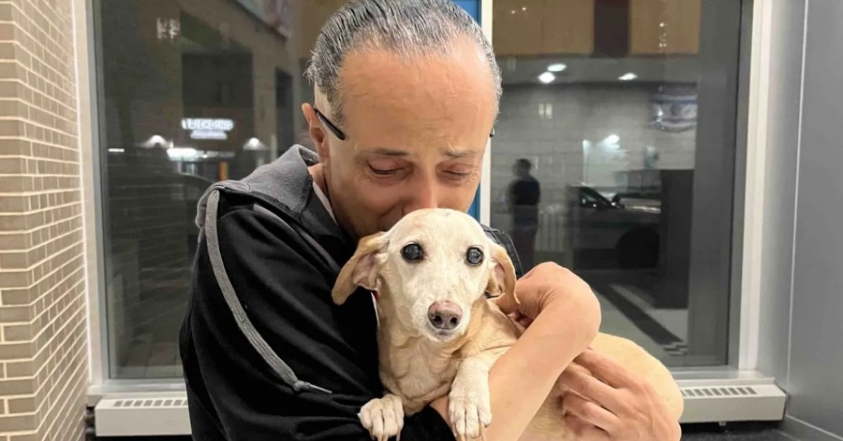 A man with thinning hair looks down as he tightly hugs a small dachshund. 