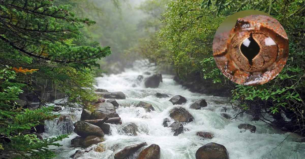 A rushing mountain stream in a forest. In a smaller insert image, a close up of a toad's eye, with a diamond shaped pupil. 