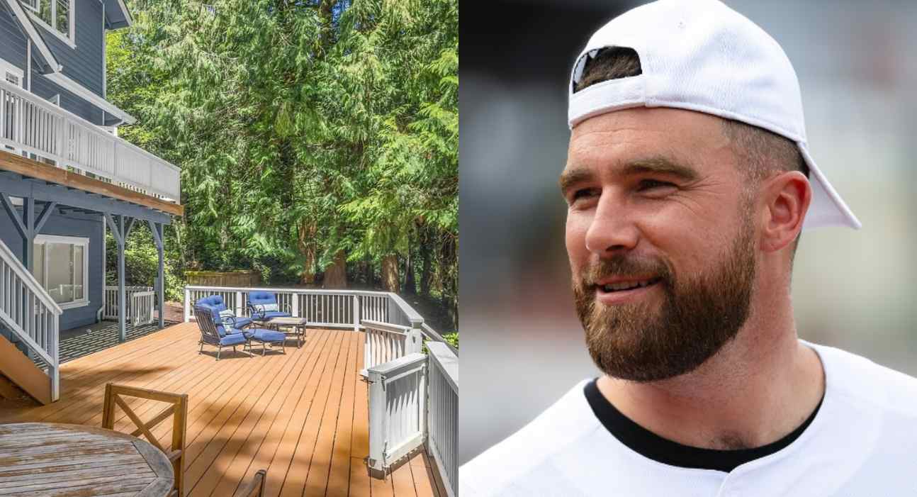 On the left: the back porch of an expensive house. On the right: football player Travis Kelce -- a white man with brown hair -- smiles as he looks off to the left. 