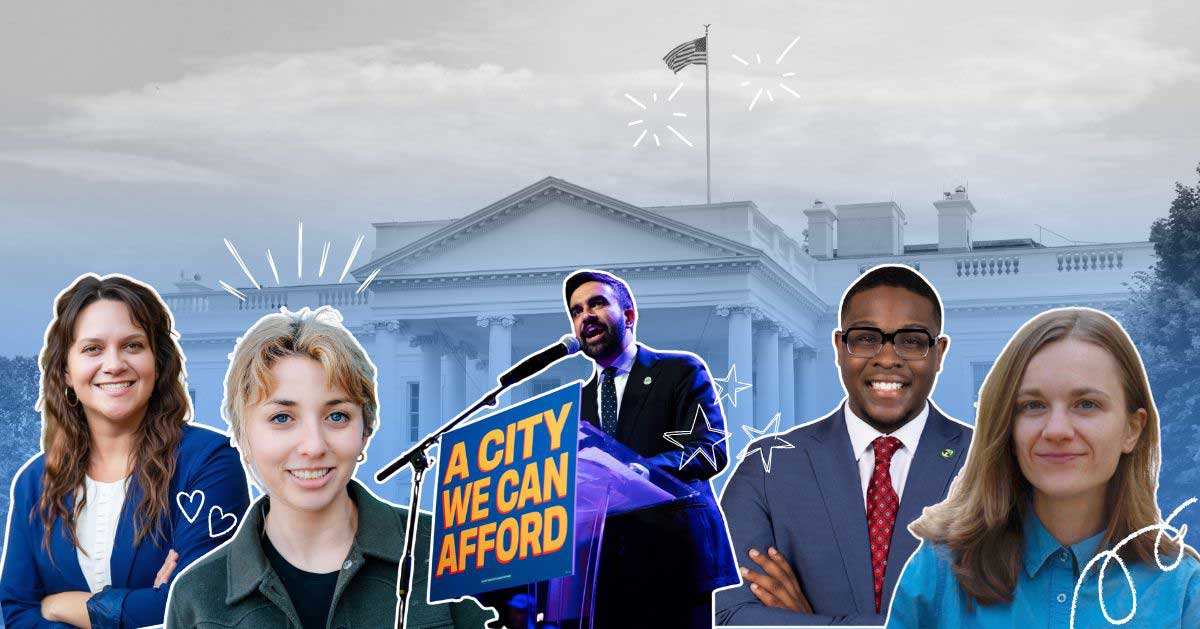 Against a black and white photo of the white house, five political candidates are cut out: Lily Franklin, Kat Abughazaleh, Zohran Mamdani, Jayden Williams, and Kelsea Bond