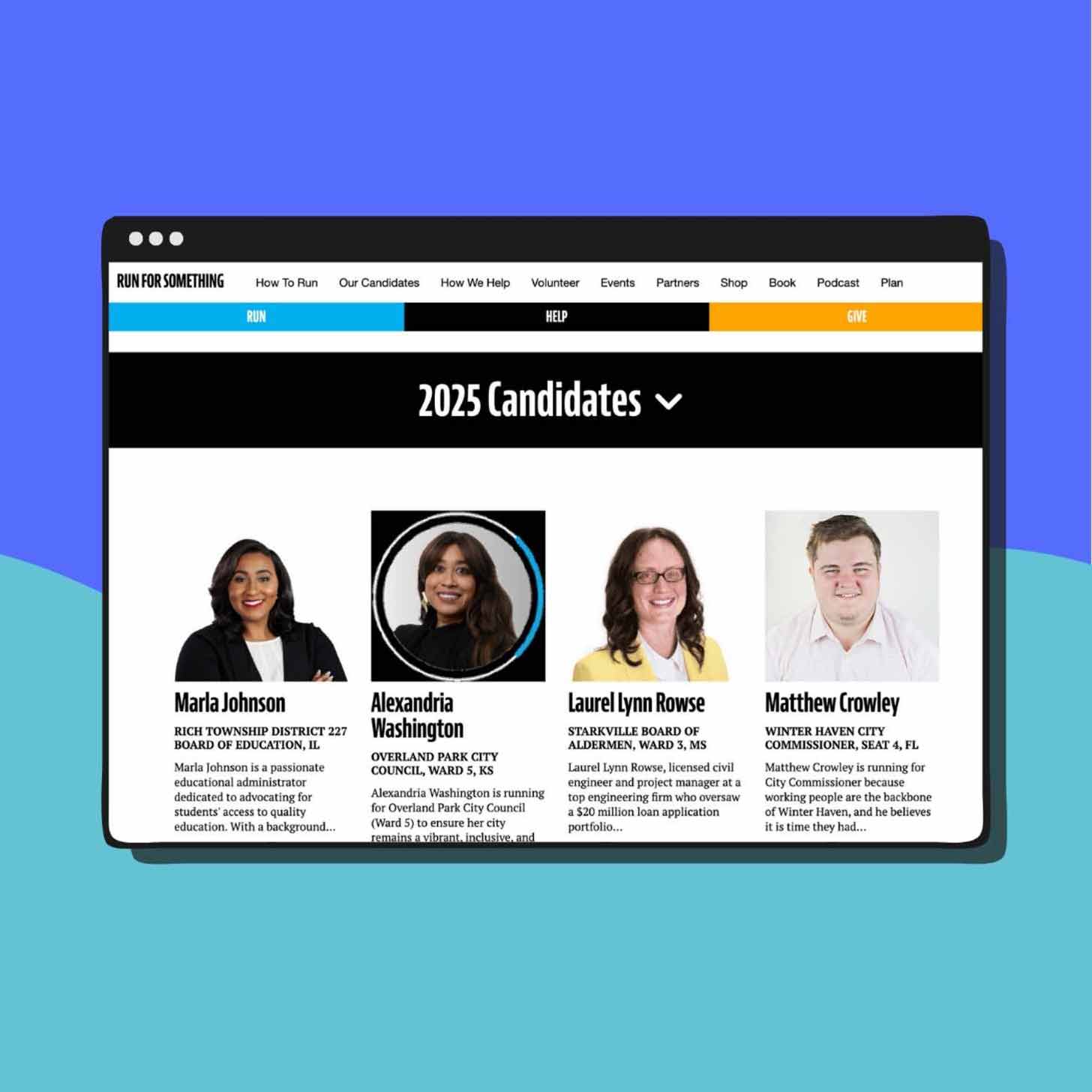 A screenshot of a webpage for Run For Something, with four 2025 candidates visible on the screen
