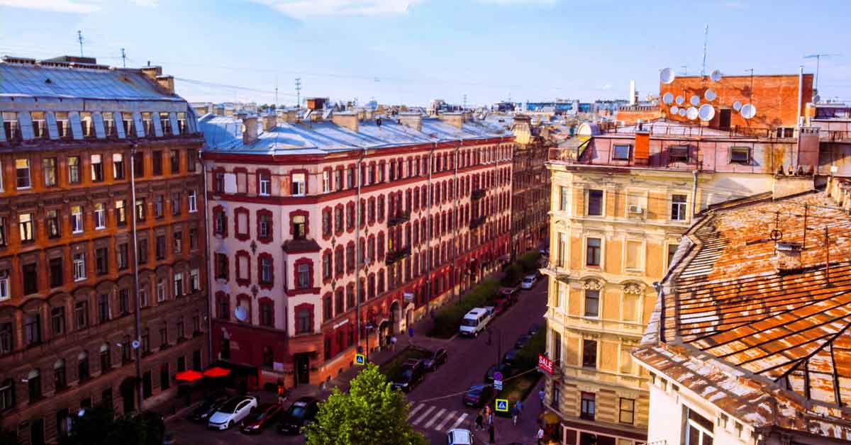 An aerial view of a European city in the summer