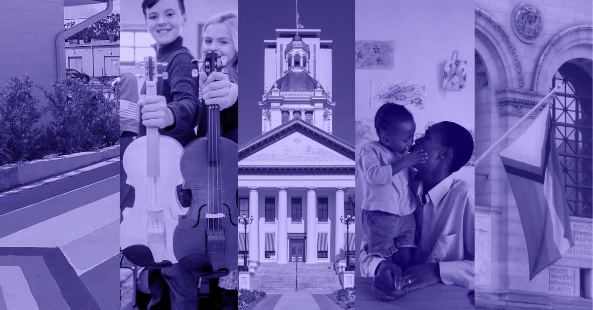 A photo collage of a Pride Flag painted on a roadside, two kids holding 3D printed violins, the Florida State Capitol building, a kid giving his parent a kiss, and the Pride Flag hanging off of a building