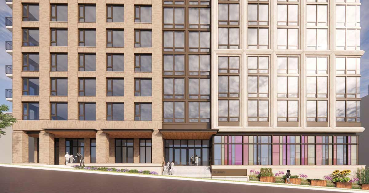 A rendering of a 10-story apartment building with rainbow windows on the first floor