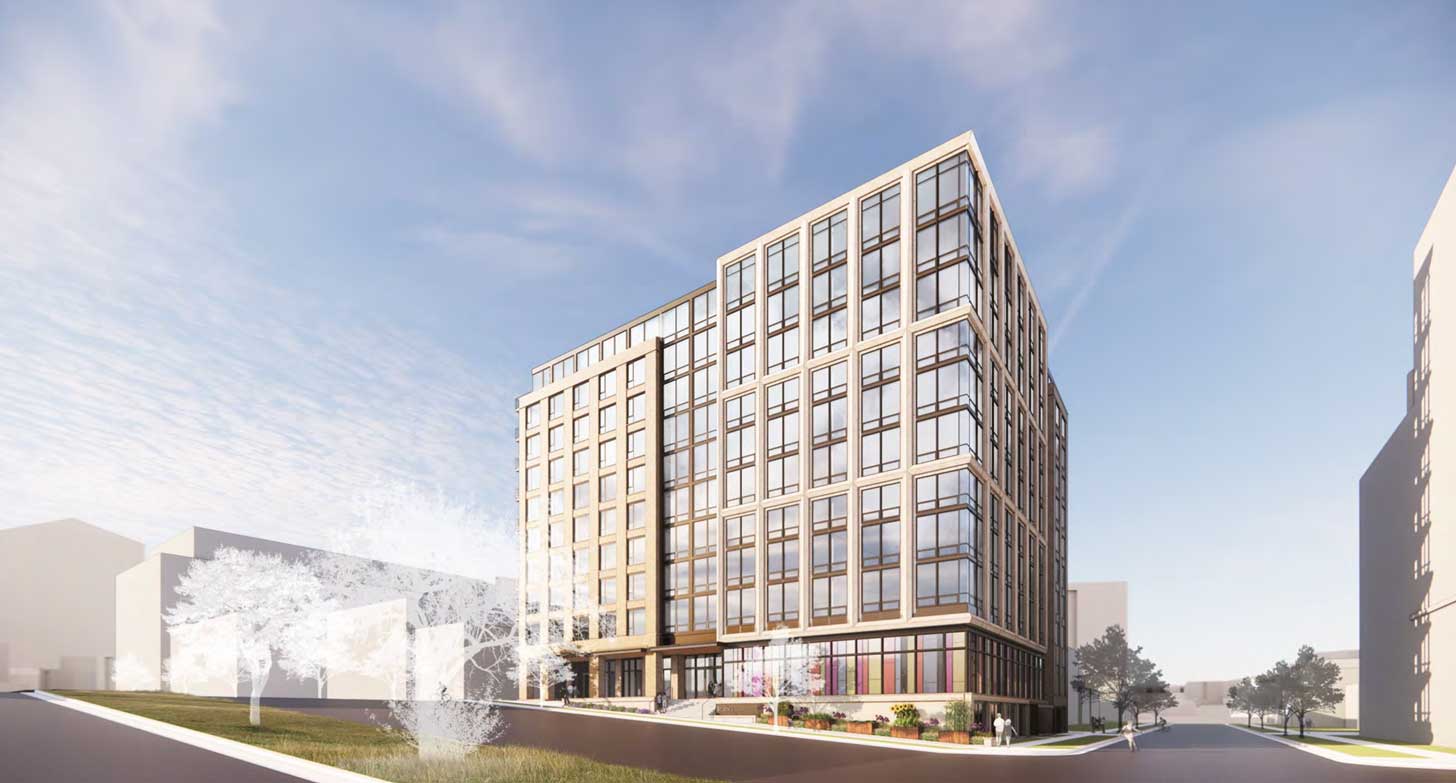 A rendering of a 10-story apartment building and community center in Madison, Wisconsin