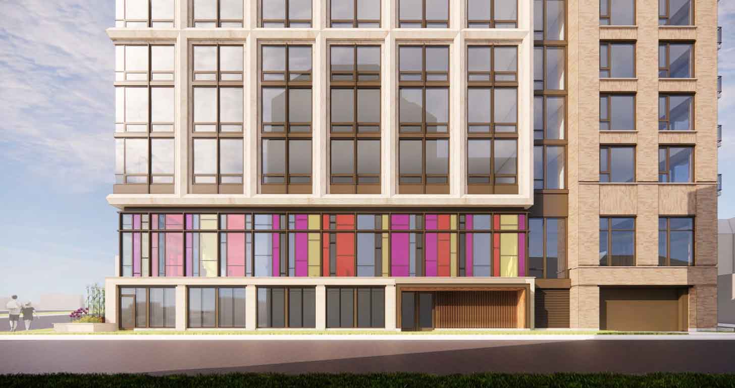 A rendering of a large residential building with rainbow windows on the first floor