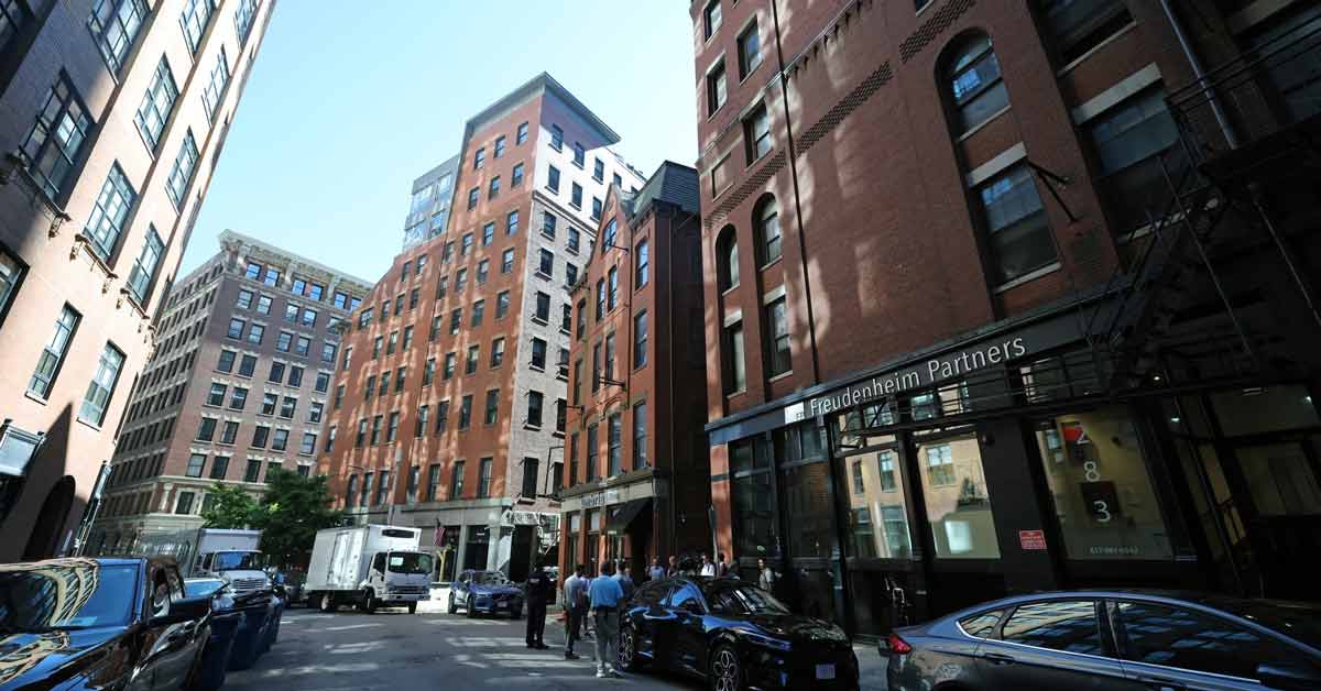 A street view of historic office buildings in downtown Boston, Massachusetts