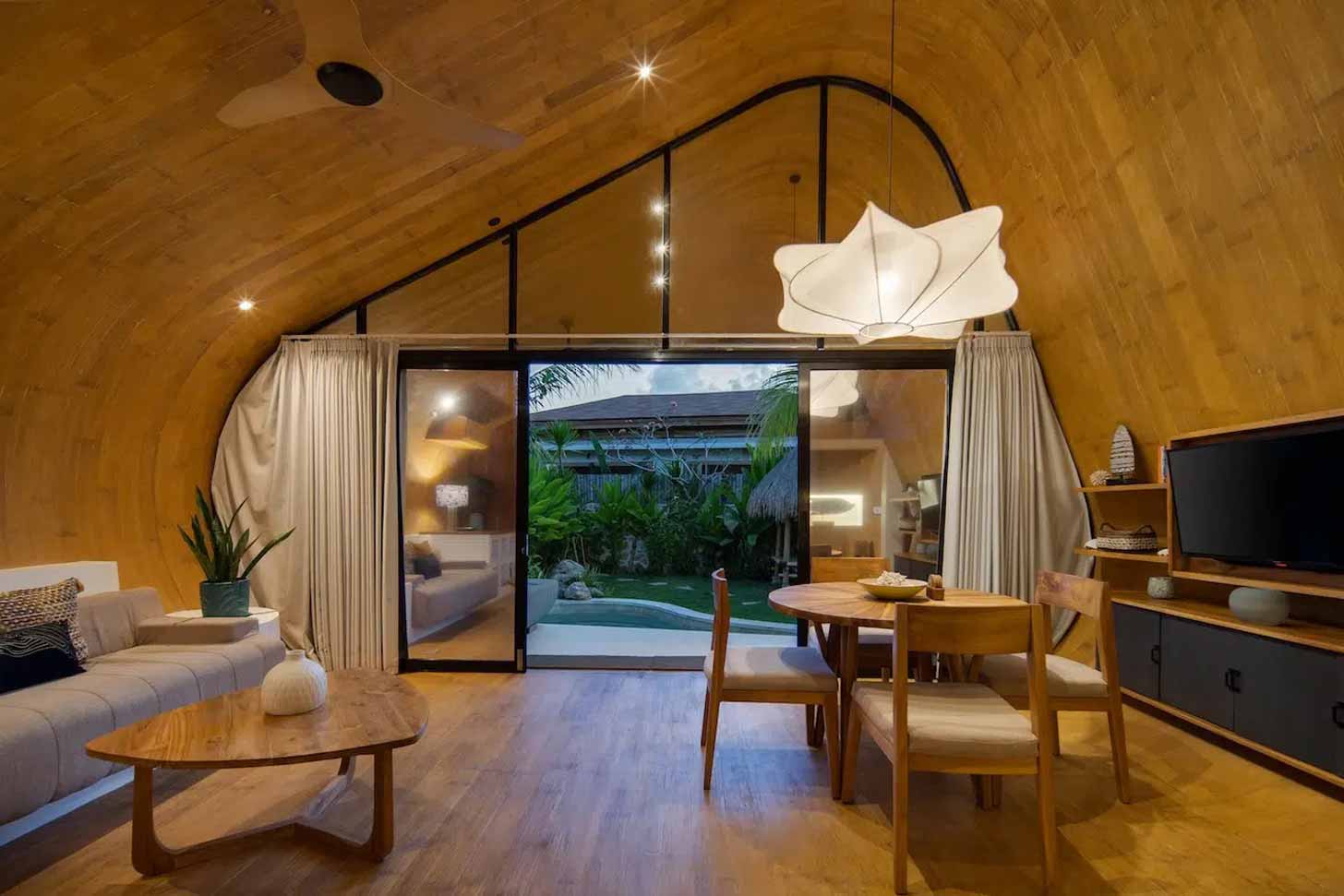 A wooden interior of a prefab home