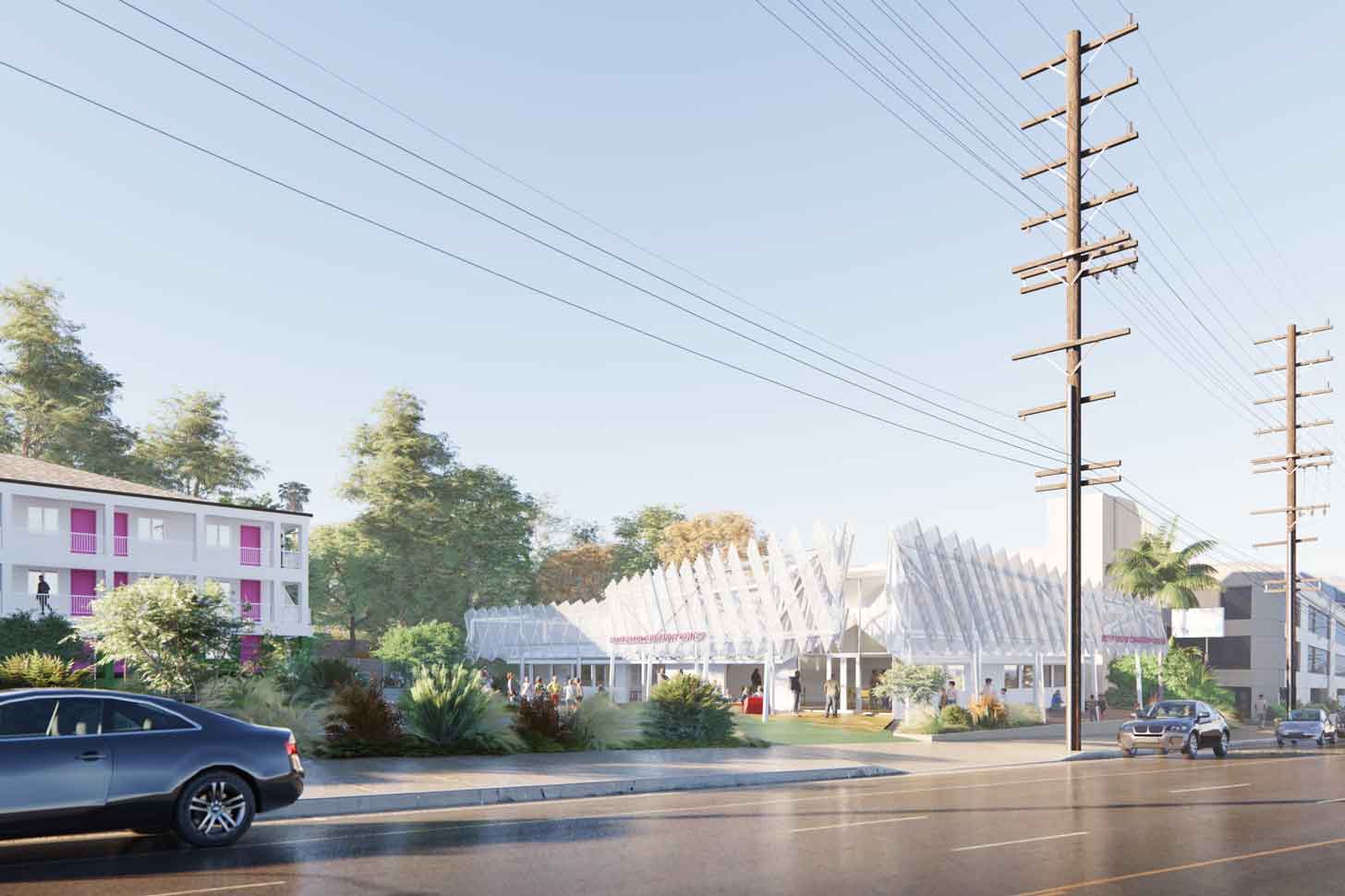 A street view of a housing project and community center in Los Angeles