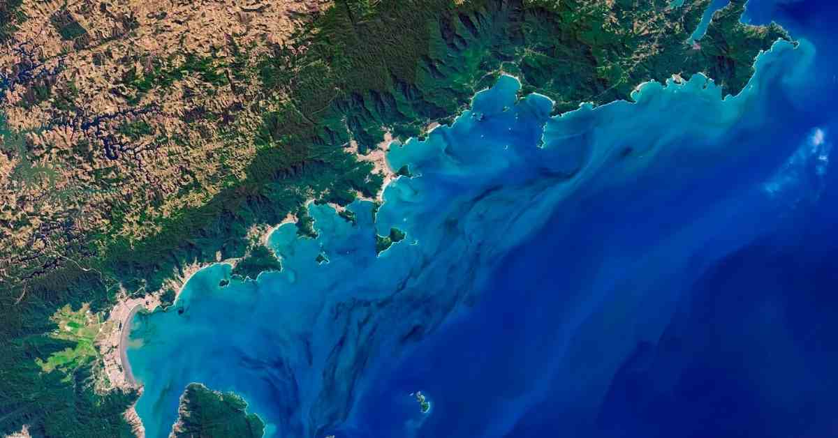 An aerial view of a coastline on a map
