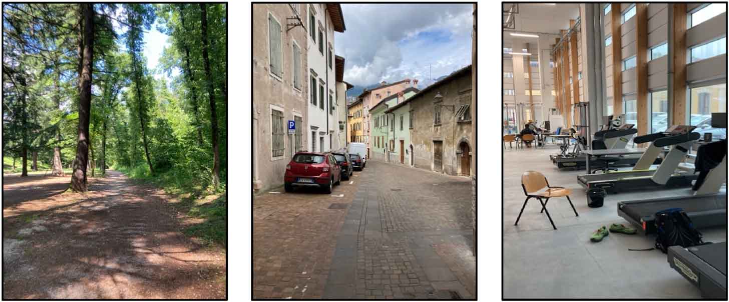 Three photos side by side: One in a nature trail, one in the streets of Copenhagen, and one of treadmills at a gym