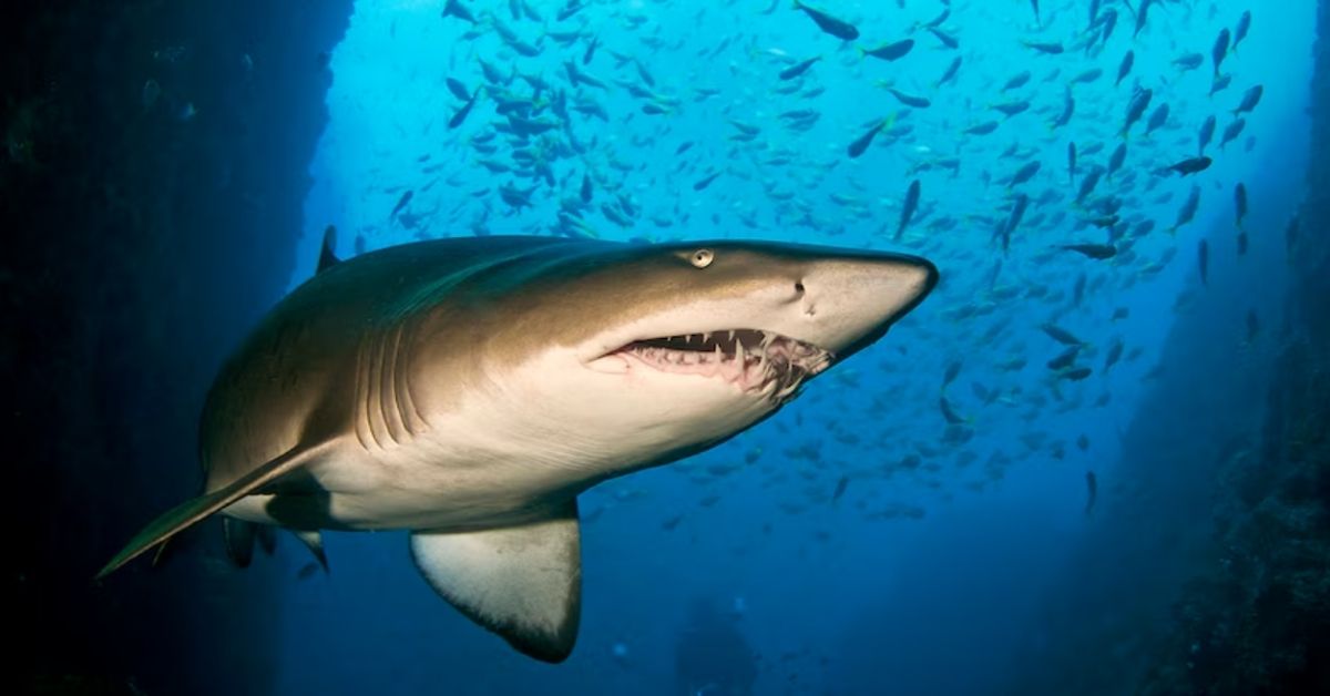 A grey nurse shark, a 10 foot long shark with gray and white coloring and crooked teeth, swims in ocean waters with fish in the background.