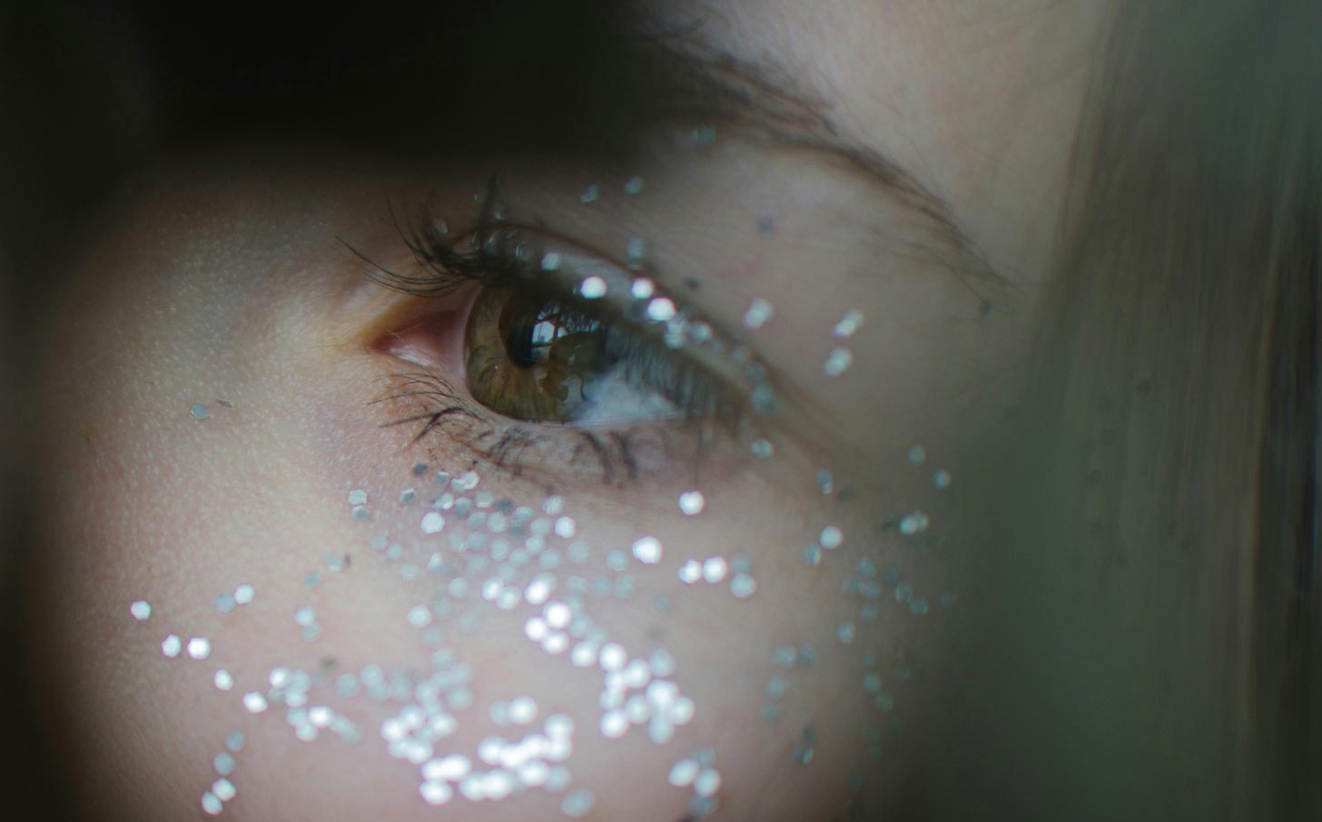 A close-up of a woman's face, with silver glitter around a brown eye