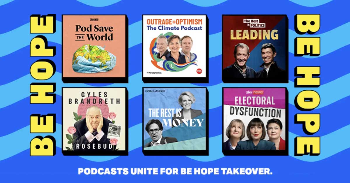 A blue wavy background holds 6 podcast covers with yellow text reading "Be Hope"