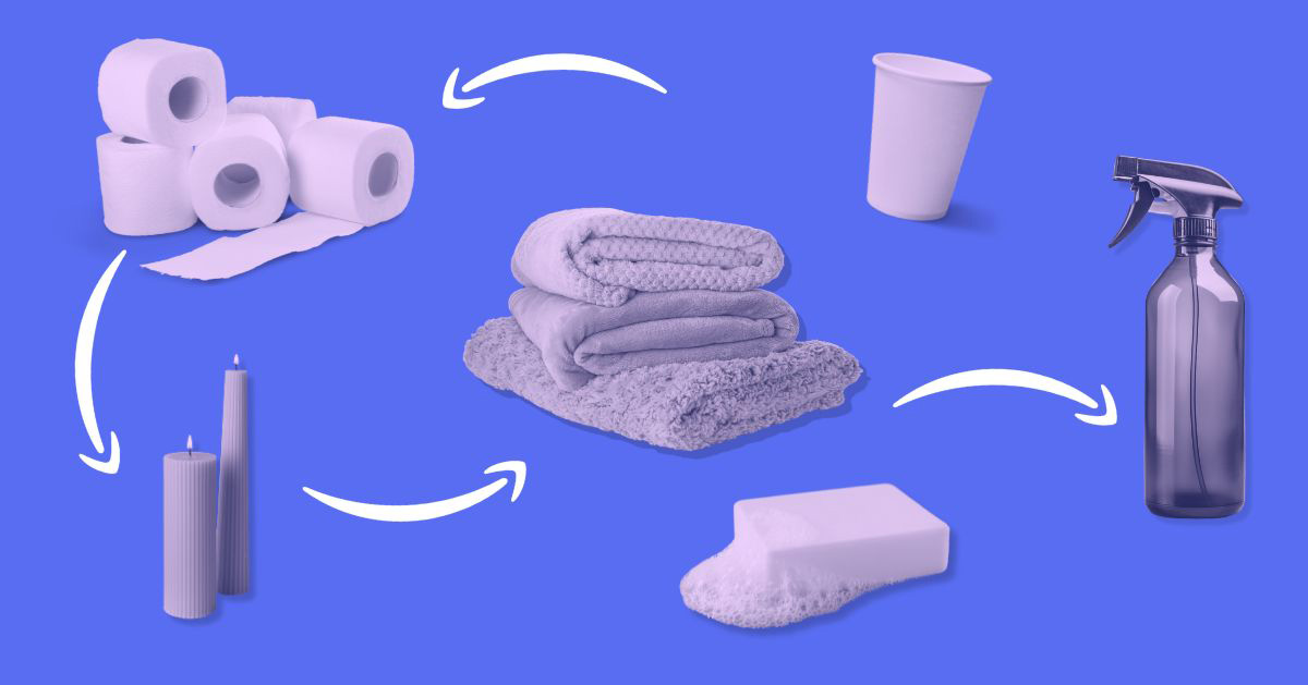 On a blue background are cutouts of toilet paper, candles, soap, and spray bottles, interspersed with white arrows