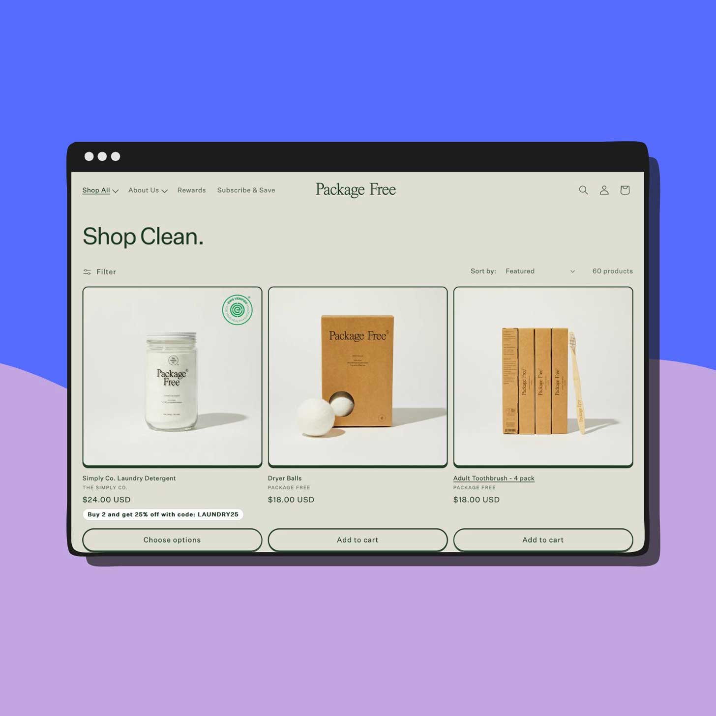 A screenshot of the Package Free Shop website
