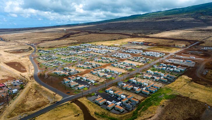 An aerial view of a 57-acre tiny home community in Maui