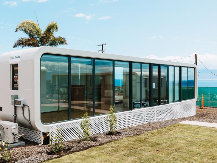 A modular tiny home sits next to a palm tree in Hawaii