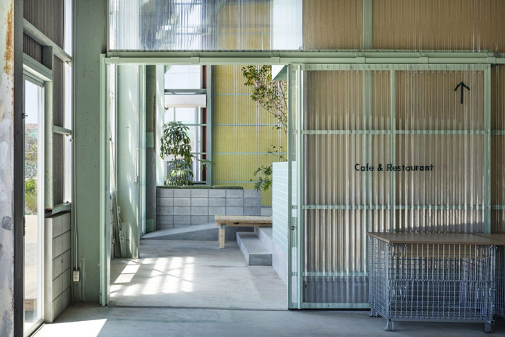 An entrance to an industrial cafe with a polycarbonate sliding door that reads "cafe and restaurant"