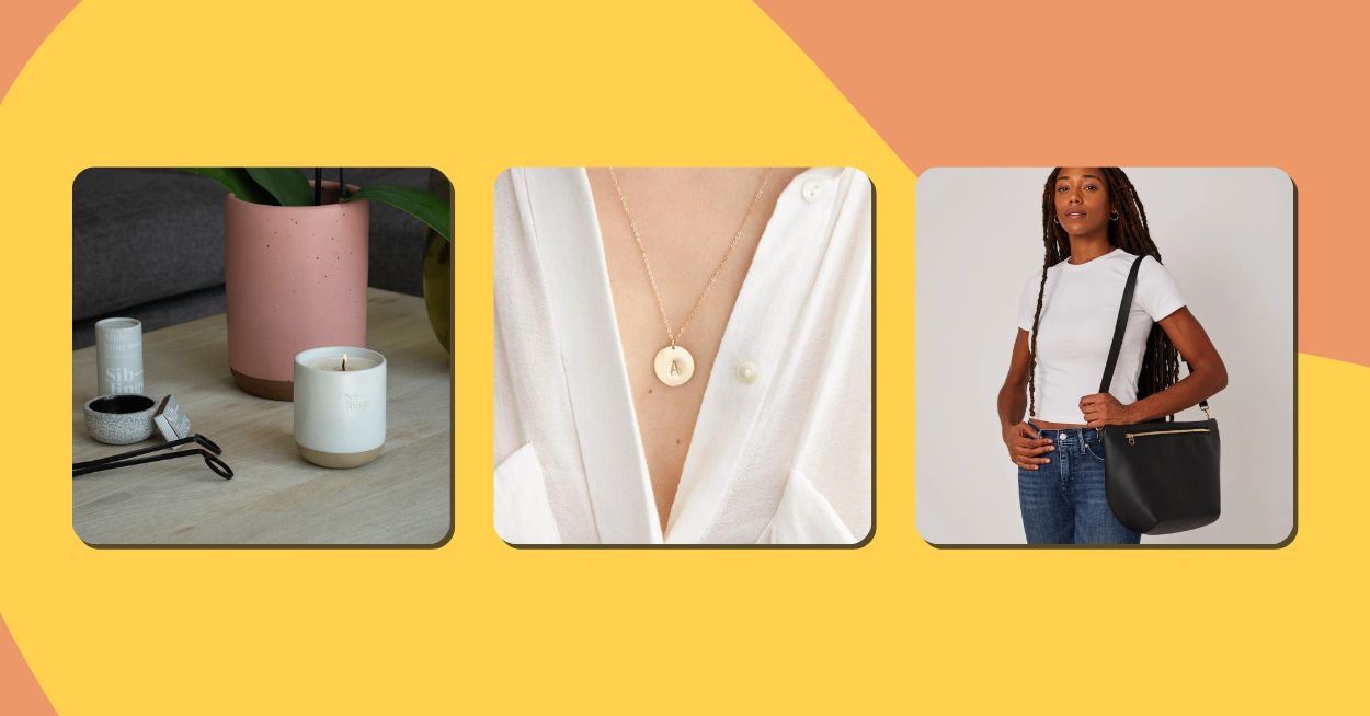 3 Of the Bst Eco friendly gifts for Mom: Siblings candle, GLDN necklace, and apple leather tote bag