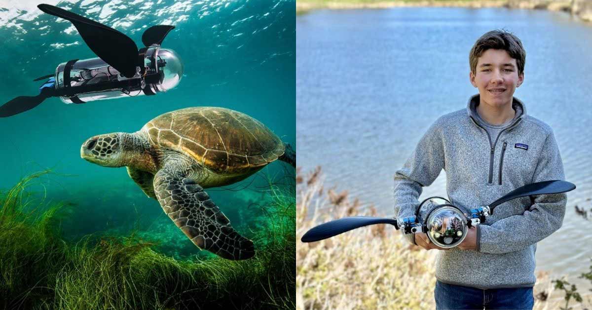 Two photos side by side. On the left is a rendering of an autonomous drone next to a green sea turtle underwater. On the right is a 15-year-old boy holding up a robot and smiling in front of a lake