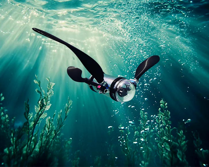 A rendering of a drone with sea-turtle shaped wings underwater.