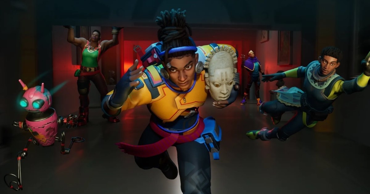 A still from the game "Relooted" with a team of heroes stealing a mask from a museum.