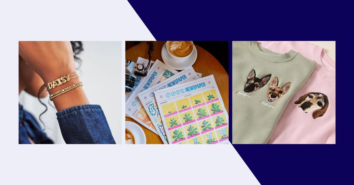 3 Of The Most Sentimental Gifts You Can Give: A custom gold bracelet, a Goodnewspaper subscription, and a sweatshirt with their dog embroidered on it