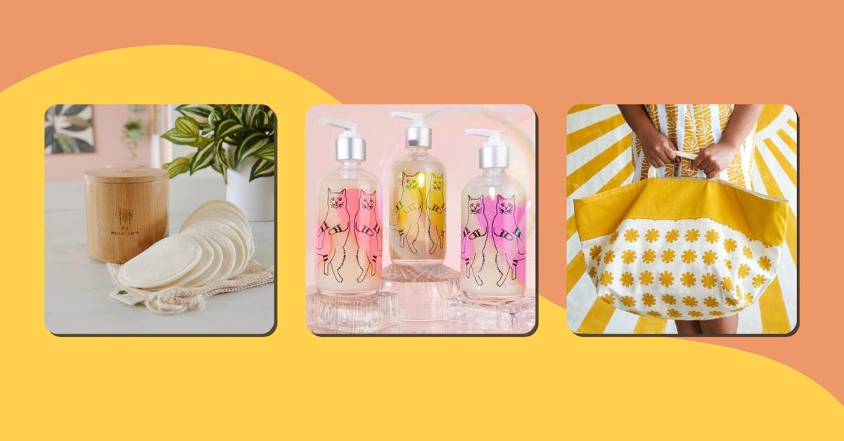3 Of The Best Cheap Eco-Friendly Gifts: Me Mother Earth Cotton Rounds, Meow Meow Tweet Geranium Palmarosa Hand + Body Wash & Rise Beyond the Reef Classic Canvas Tote Bags