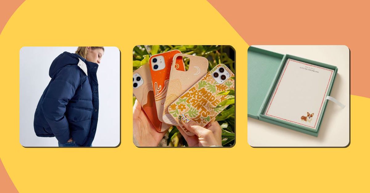 3 eco friendly gifts for women: An Everlane puffer jacket, a phone case, and personalized stationery