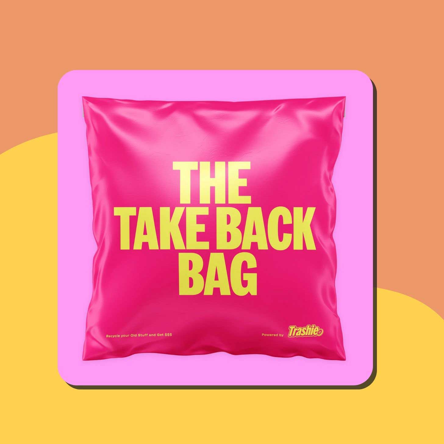 A pink bag with yellow letters reading "The take-back bag"