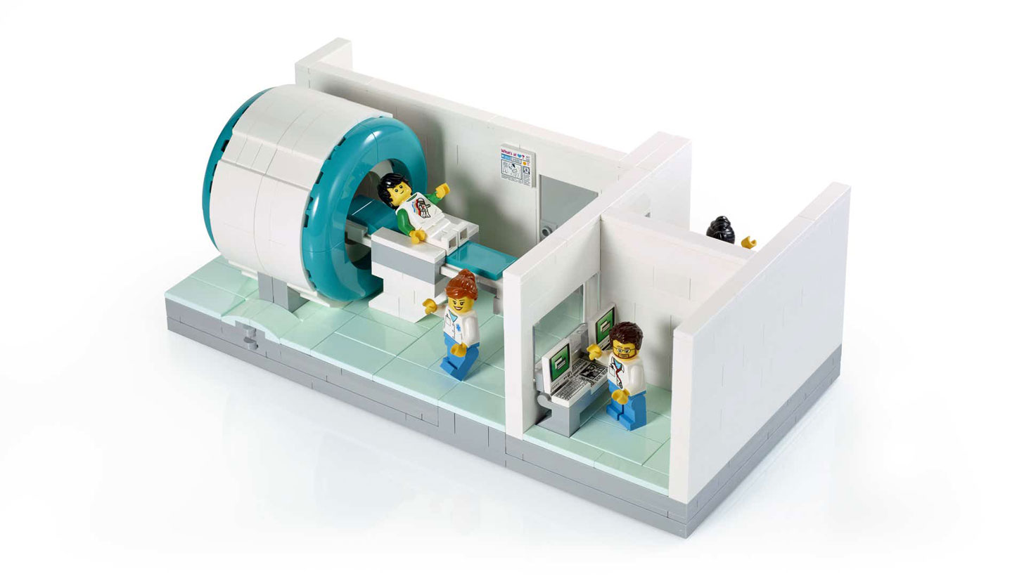 A product image of a LEGO MRI scanner set, complete with patients, doctors, and medical accessories