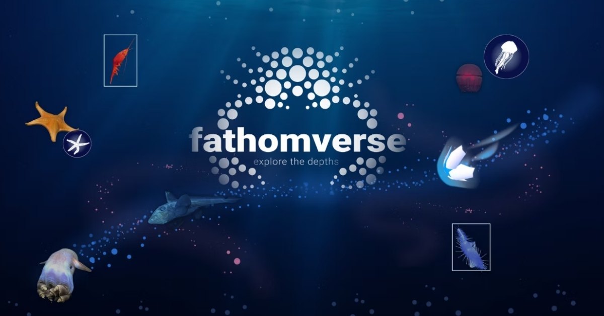 The promotional image for FathomVerse, with the game title centered in a deep sea image with icons of ocean animals around it