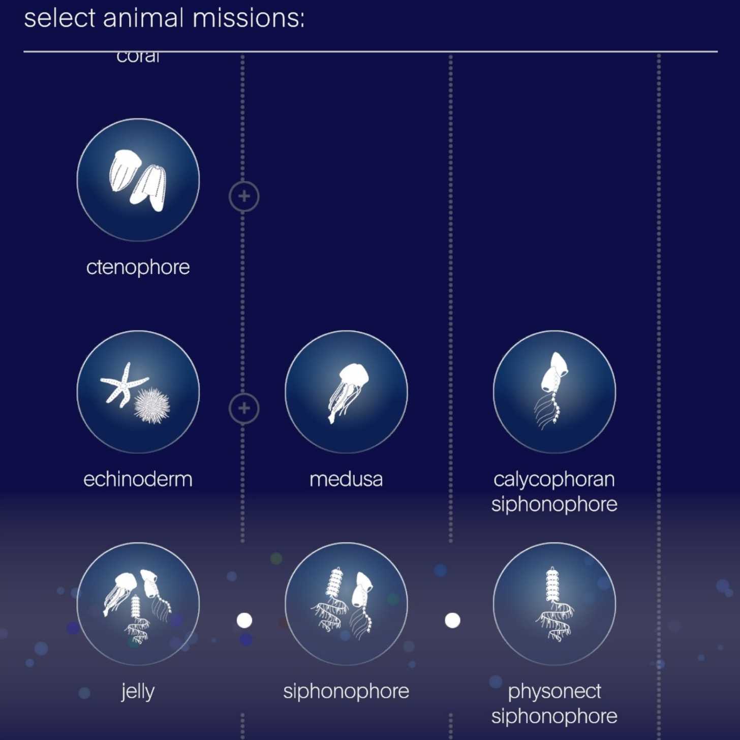 A screenshot from the FathomVerse game, which prompts users to select an animal mission and displays different groups of animals via blue icons