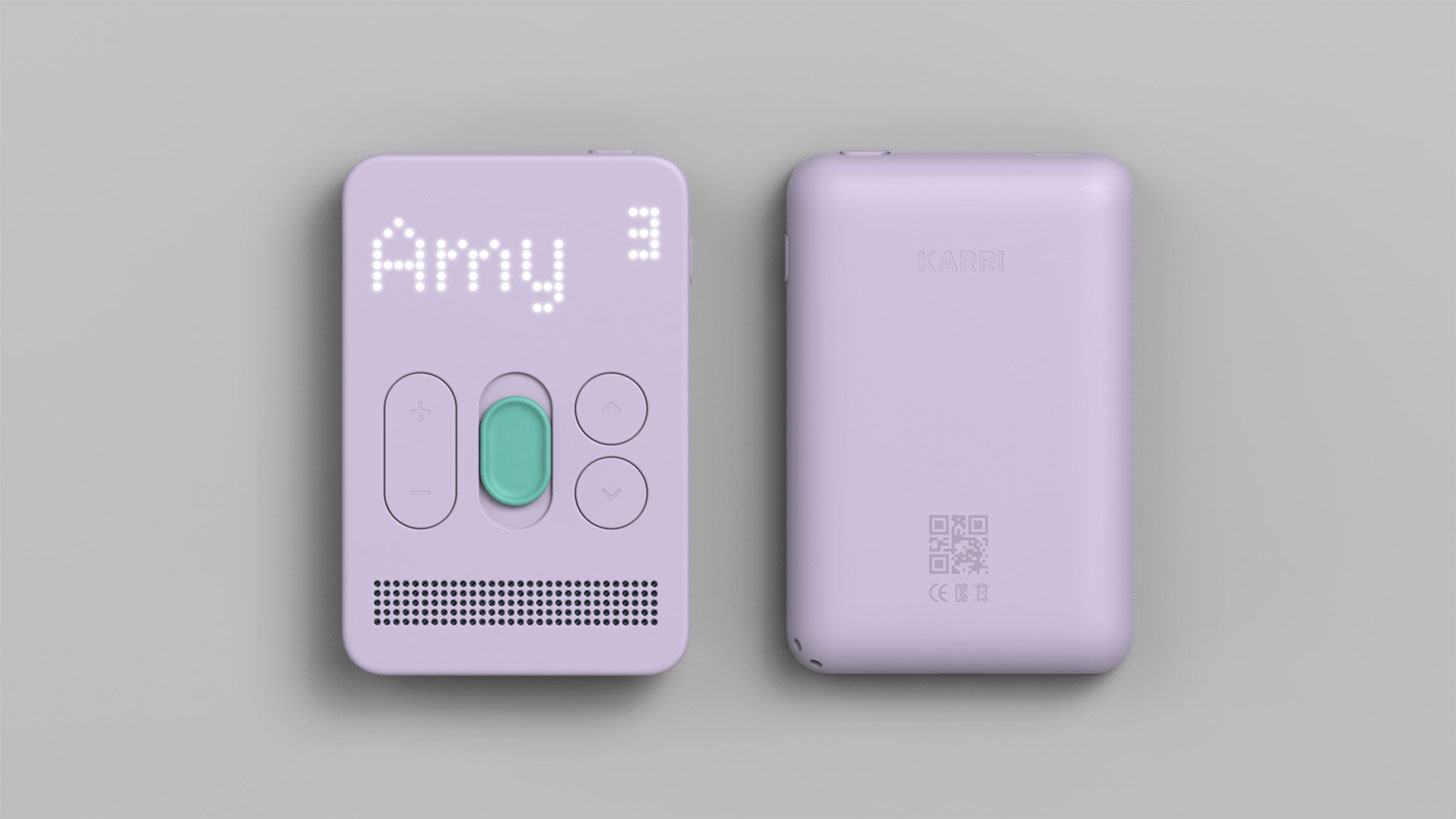 A Karri phone, purple with a teal slider, displays the name "Amy"