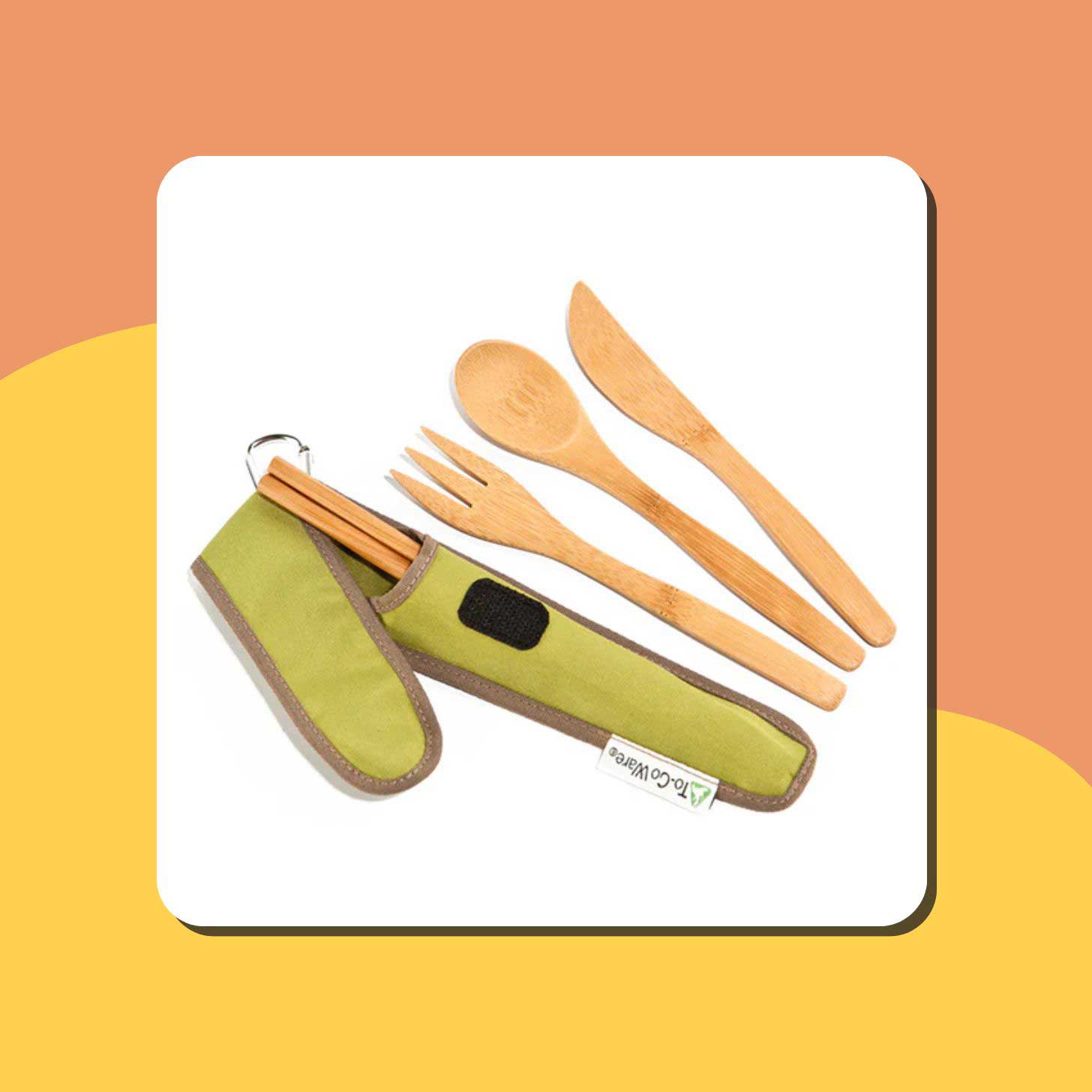 Bamboo utensils and a green carrying case