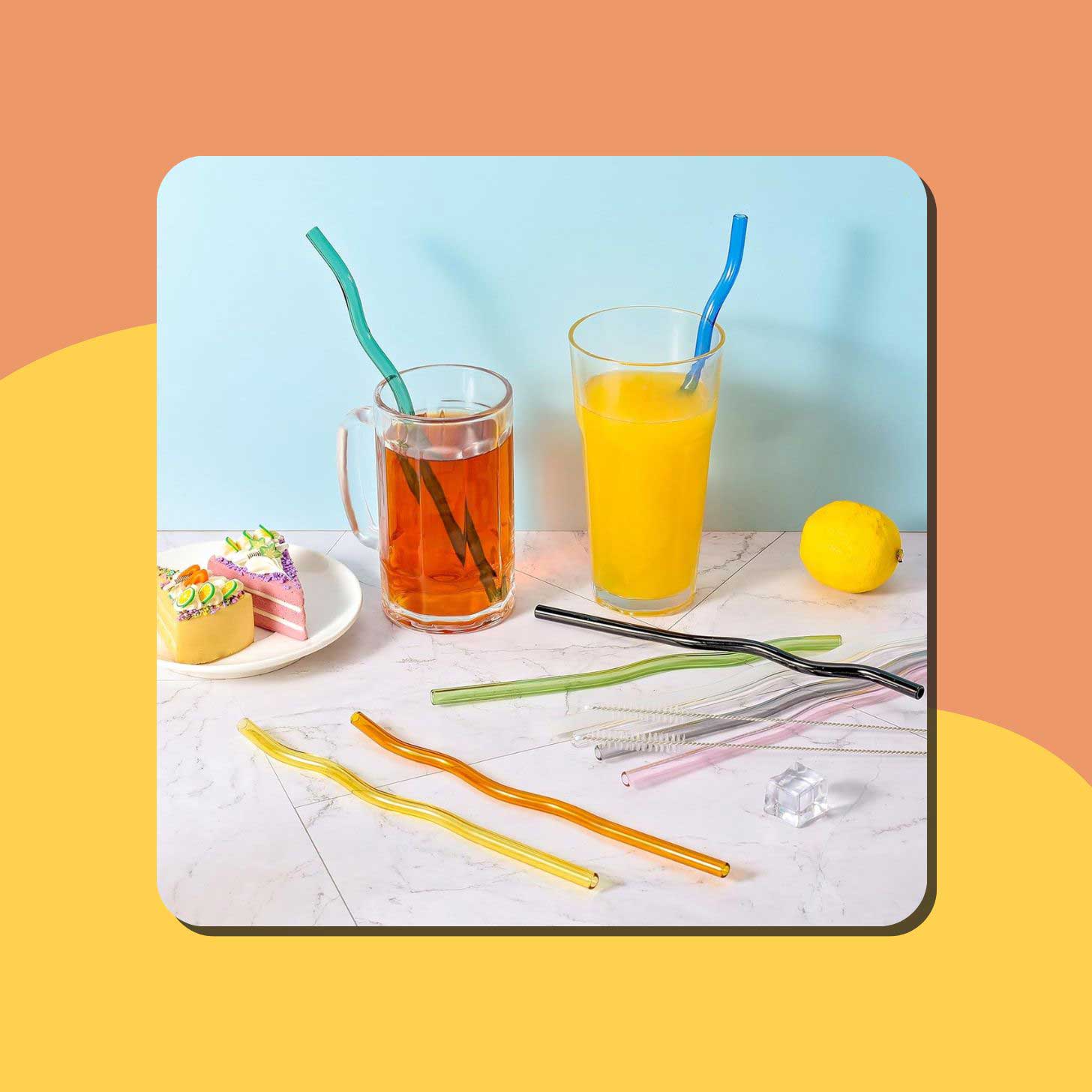 Two beverages containing colorful wavy glass straws