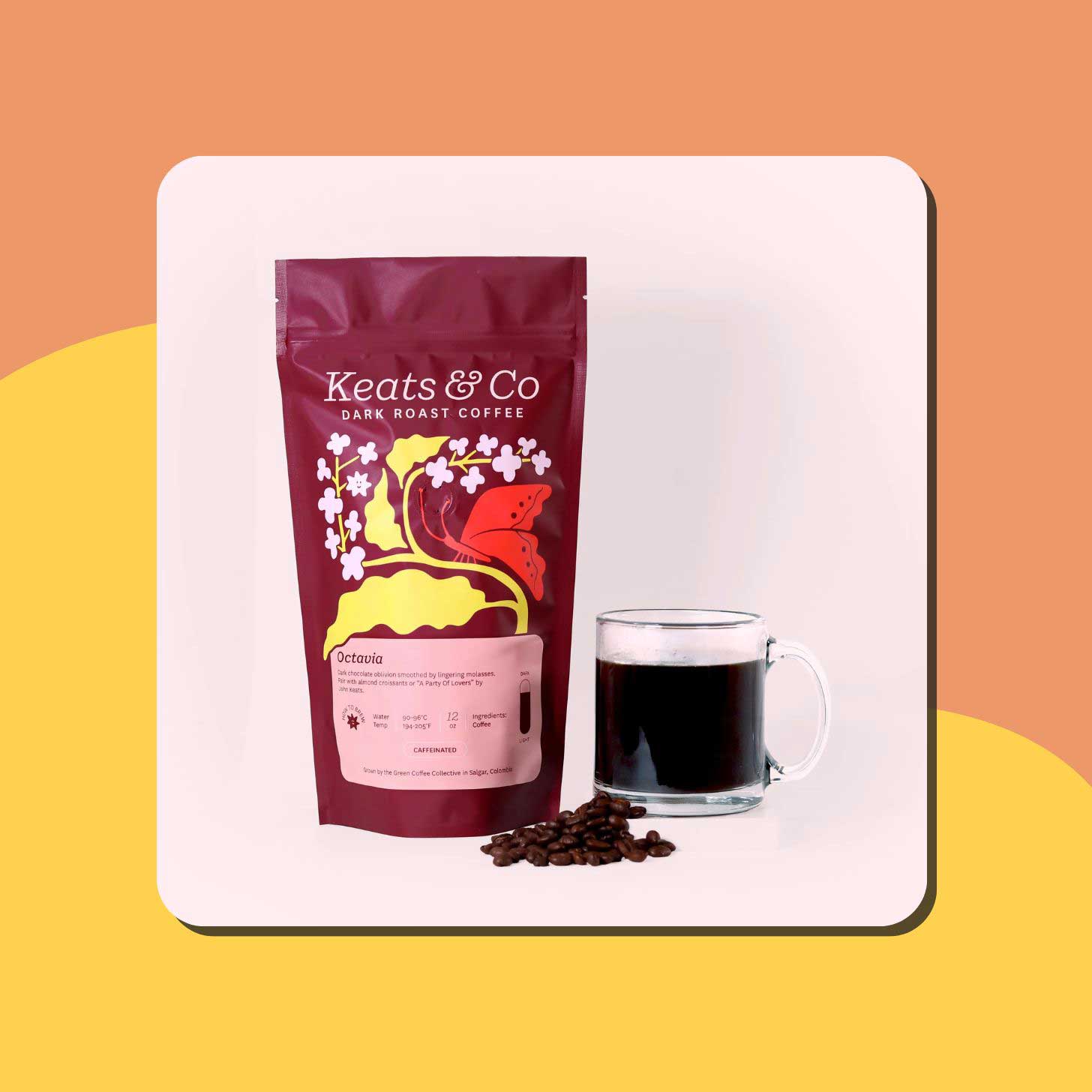 A bag of Keats & Co coffee beans next to a cup of coffee