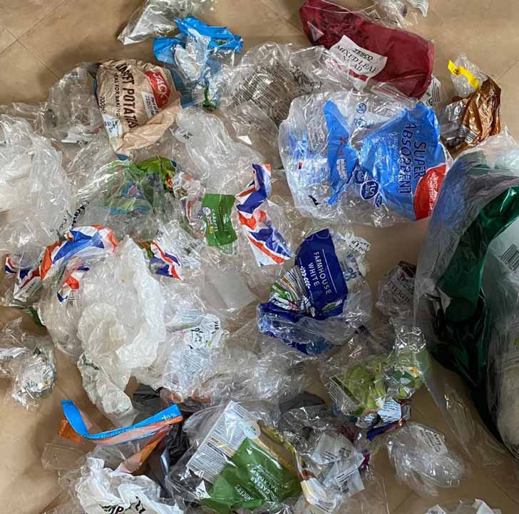A bevy of plastic bags and food wrappers
