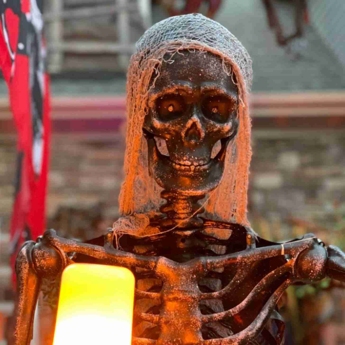 A skeleton with netting on its head holds up a lantern