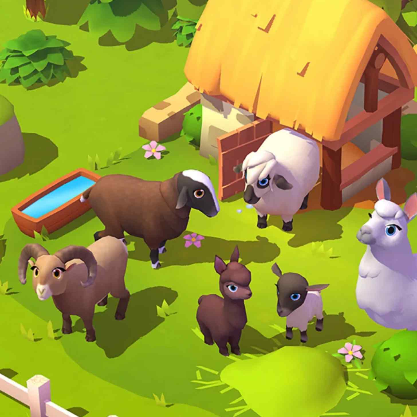 A screenshot from the mobile game Farmville 3. A group of farm animals is pictured from above in an animated farm.