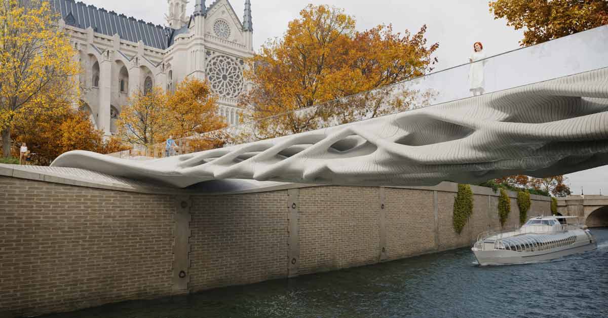 A rendering of a 3D printed bridge inspired by porous bones above the River Siene in Paris