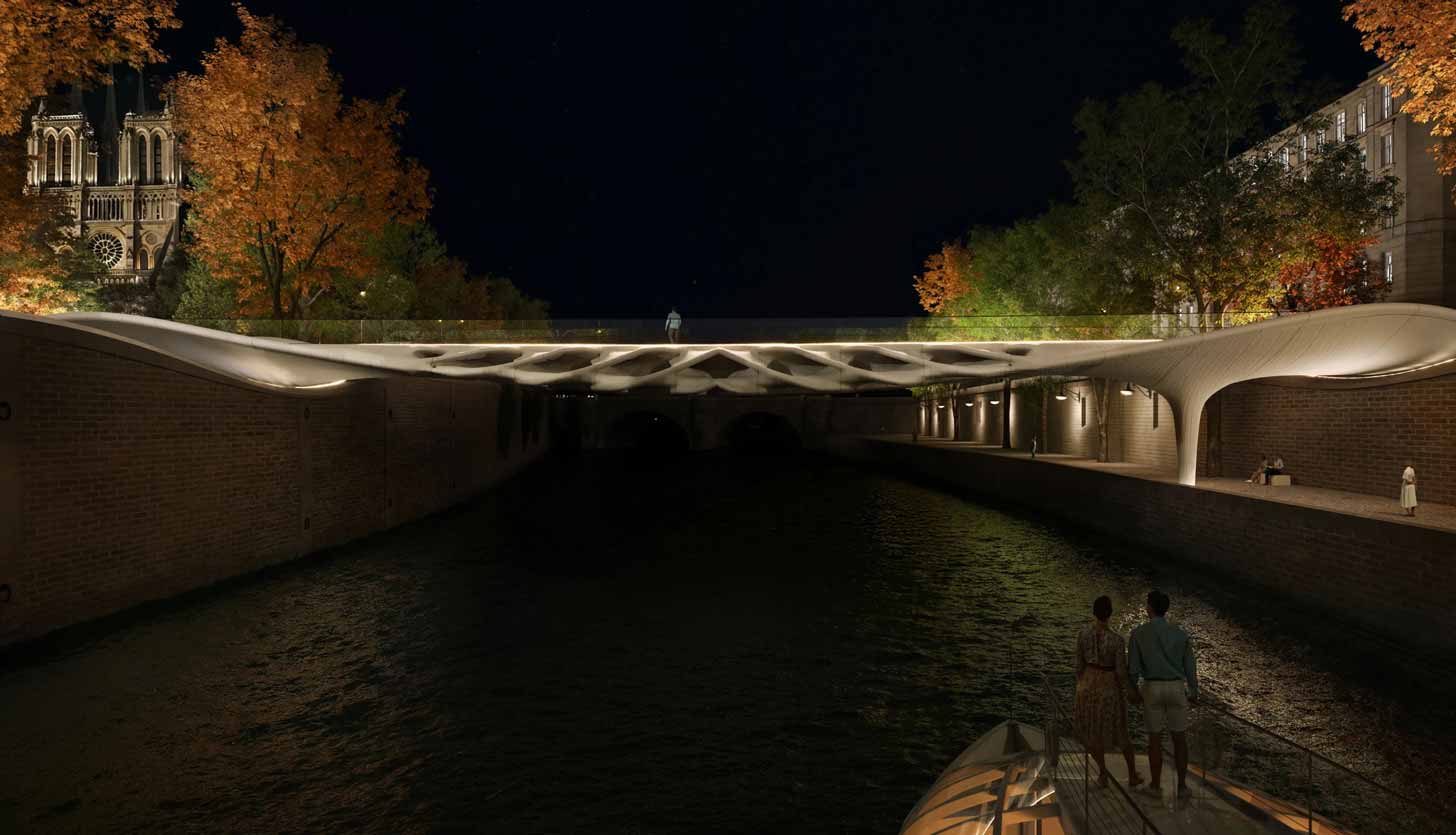 A rendering of a white bridge in Paris at night