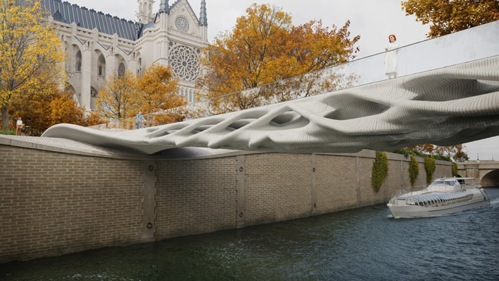 A rendering of a 3D printed bridge inspired by porous bones above the River Siene in Paris