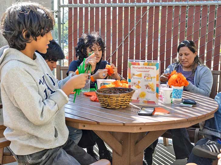 Children make flowers out of pipe cleaners with an adult