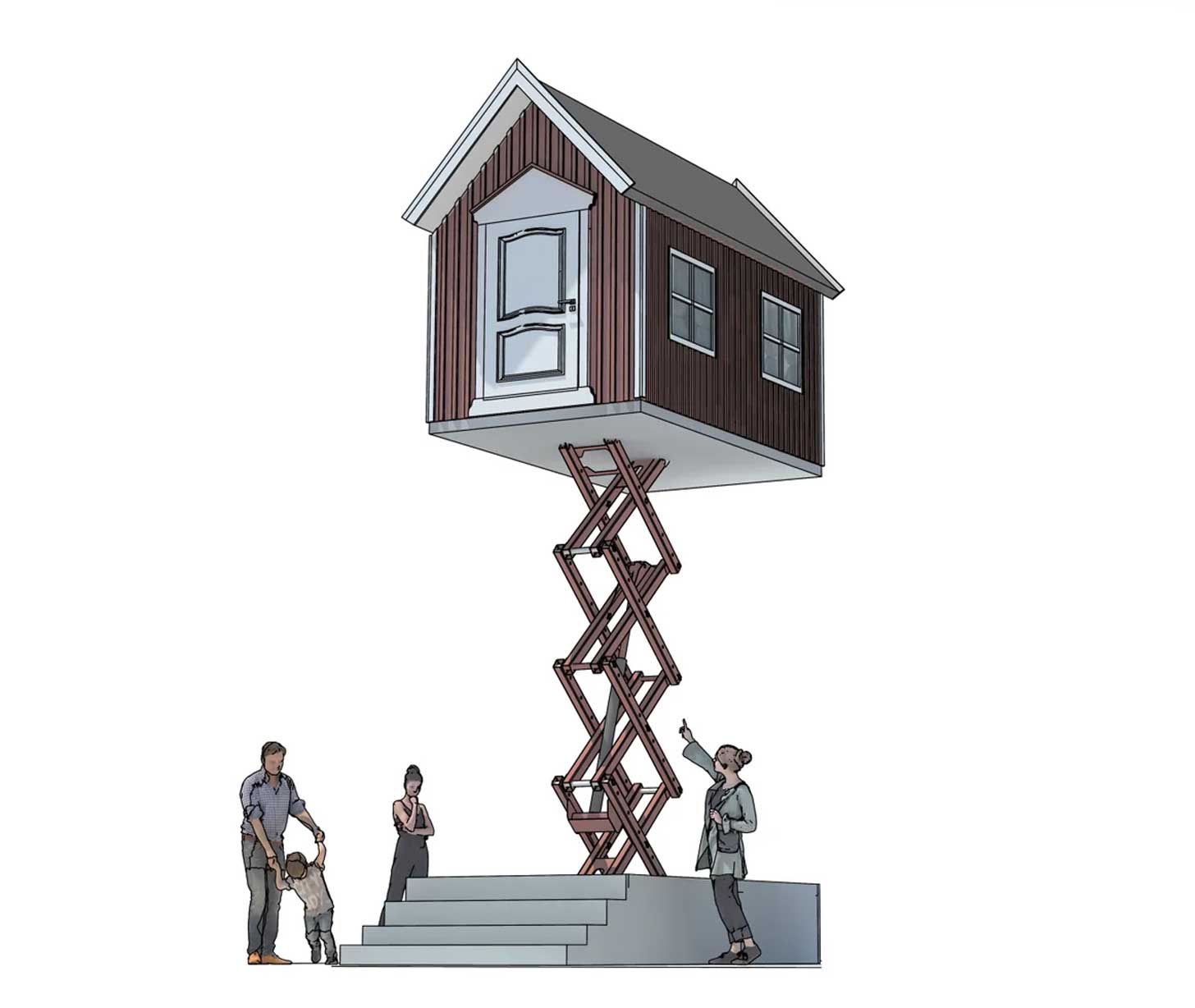 A sketch of a home on a scissor lift